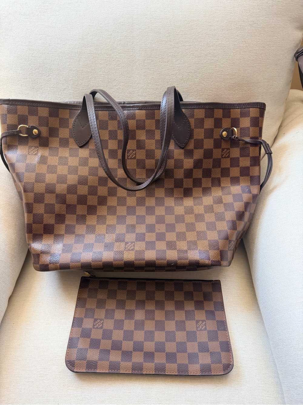 Louis Vuitton Neverfull MM Medium Damier Ebene Brown Tote w/ Pouch Red Lining